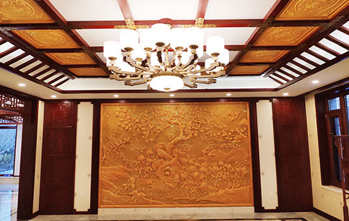 浦城中式别墅客厅中式木作横梁吊顶装饰展示