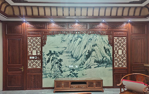浦城中式仿古别墅客厅背景墙花格木作装饰